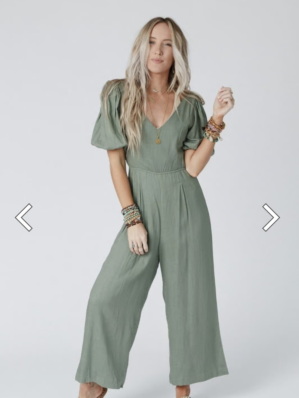 Women's Sage Green Puff Sleeve Wide-Leg Jumpsuit